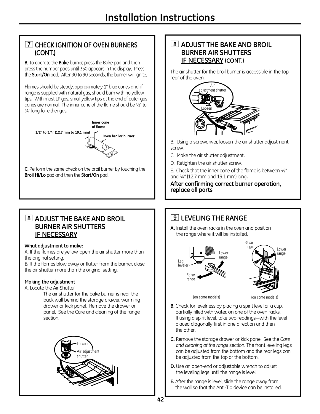 GE 49-85179, JGB428SERSS installation instructions Check IGnITIon oF oVEn BURnERS, If nECESSARy, LEVElInG the RAnGE, Other 