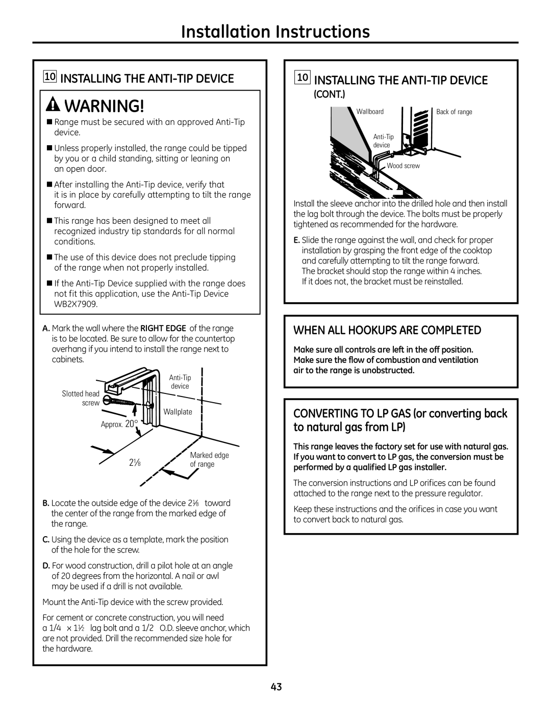 GE JGB428SERSS, 49-85179 installation instructions InSTAllInG the AnTI-TIP Device, WHEn All HooKUPS are CoMPlETED 