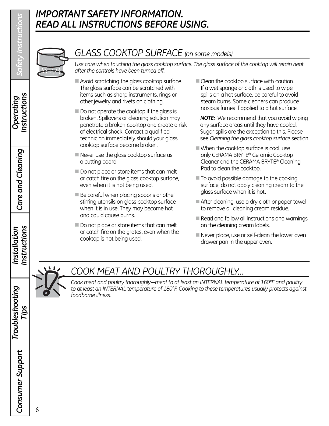 GE 49-85179, JGB428SERSS installation instructions GLaSS Cooktop SURFaCe on some models 