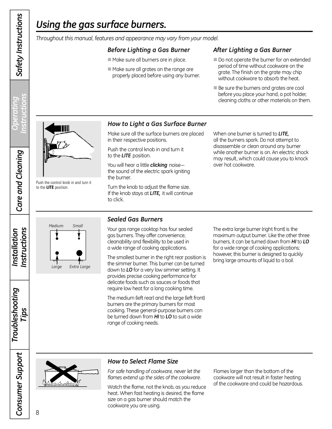 GE 49-85179, JGB428SERSS installation instructions Using the gas surface burners, Operating Instructions 