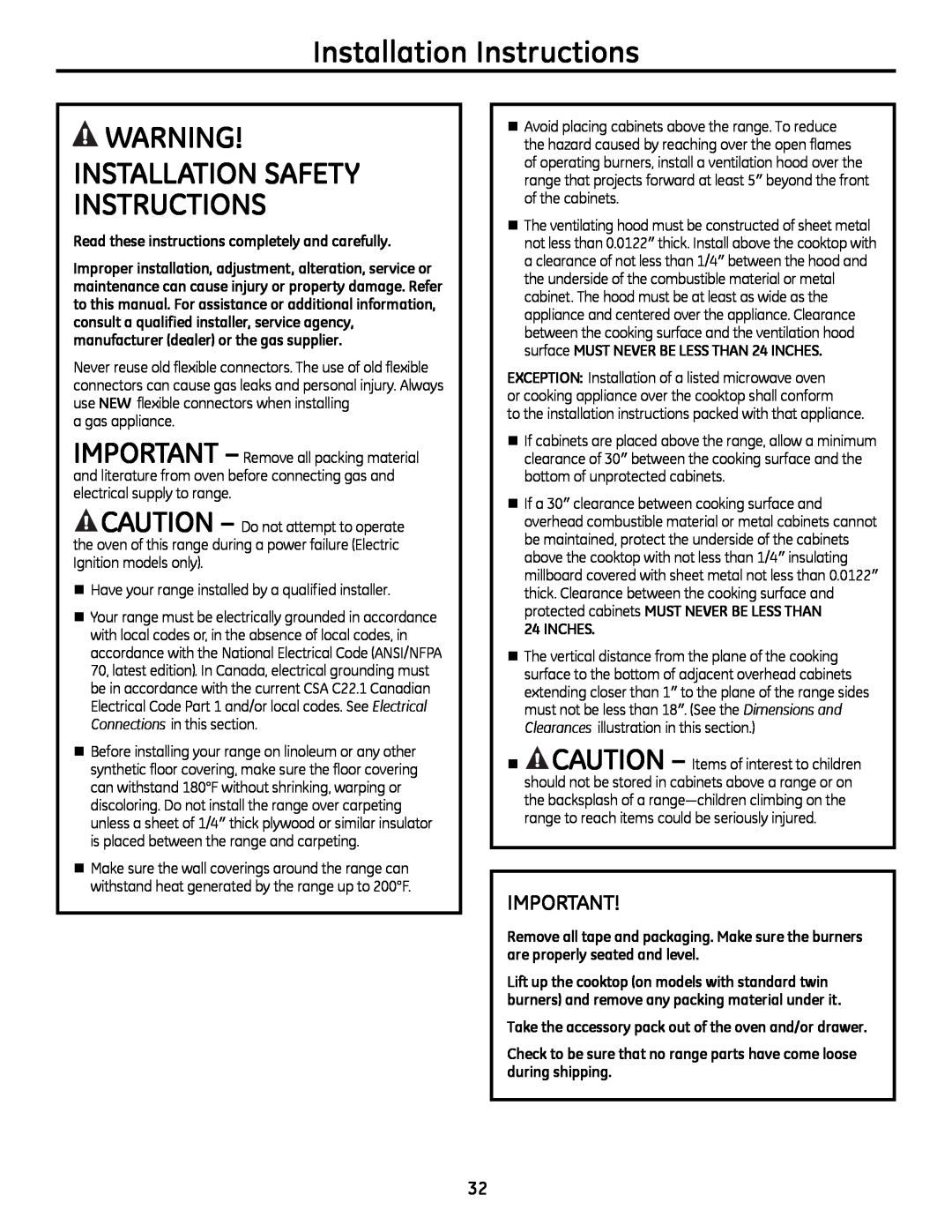 GE 49-85179, JGB428SERSS installation instructions Installation Instructions, wARnInG! InSTAllATIon SAFETy InSTRUCTIonS 