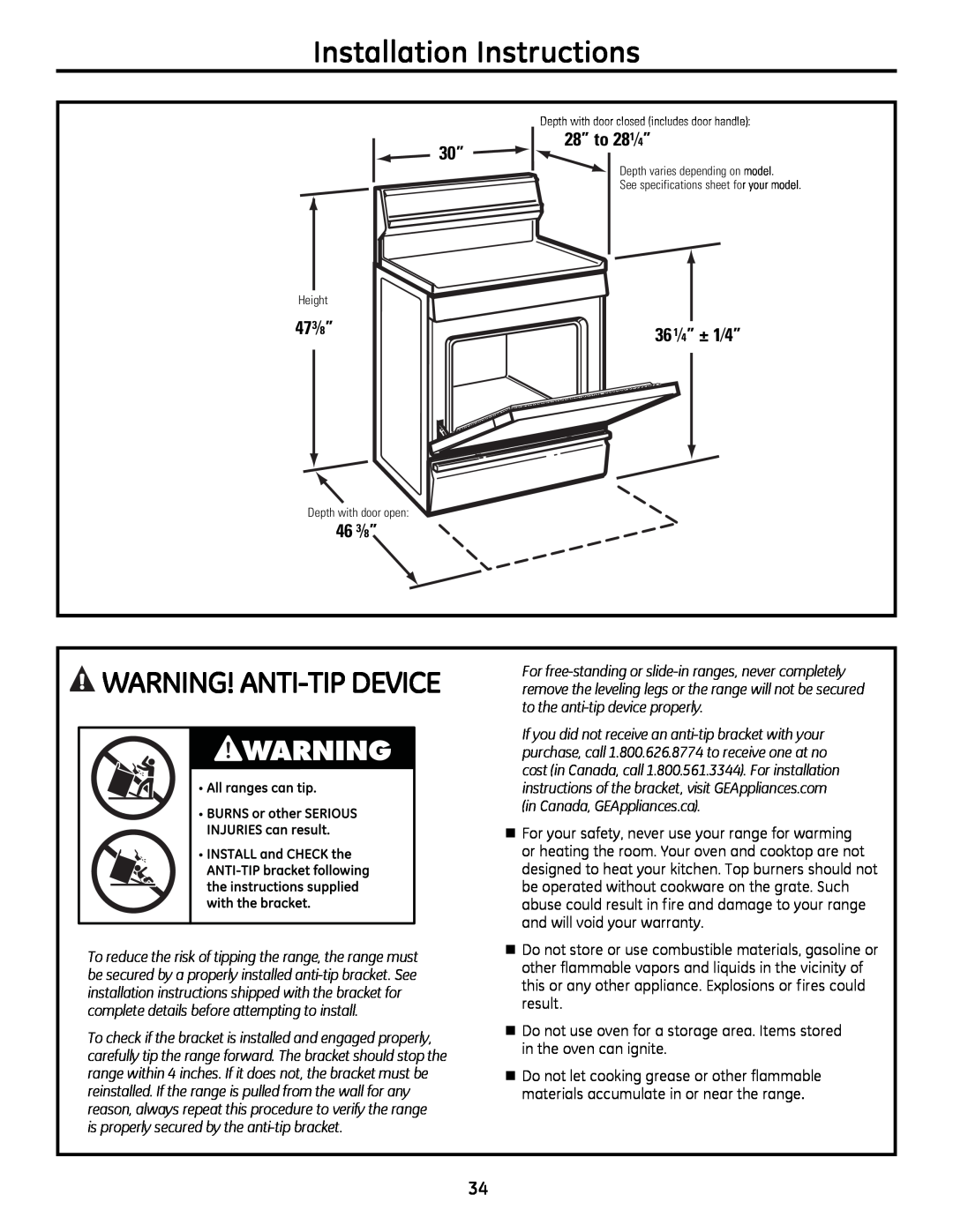 GE JGB428SERSS Installation Instructions, wARnInG! AnTI-TIPDEVICE, 473⁄8”, 46 3⁄8”, 28” to 281⁄4” 30”, 361⁄4” ± 1⁄4” 