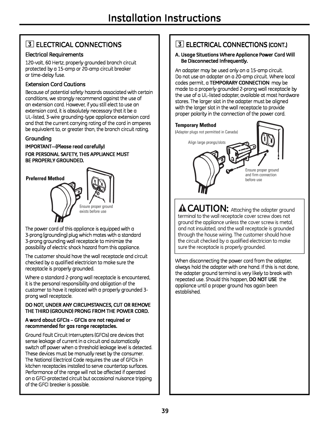 GE 49-85179 Installation Instructions, 3ElECTRICAl ConnECTIonS ConT, Electrical Requirements, Extension Cord Cautions 