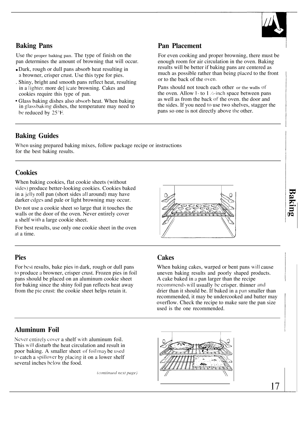 GE 164 D2966P073, 49-8549 warranty Baking Pans, Pan Placement, Baking Guides, Cookies, Pies, Cakes, Aluminum Foil 