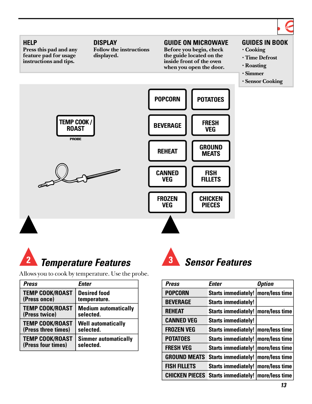 GE 164D2966P212 Desired food, Press once Temperature, Press twice Selected, Well automatically, Press four times Selected 