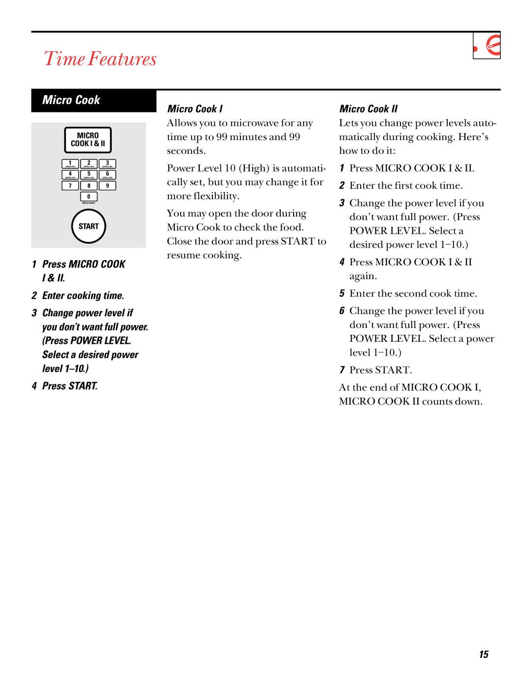 GE 164D2966P212, 49-8697 warranty Time Features, Press Micro Cook I Enter cooking time, Press Start Micro Cook 