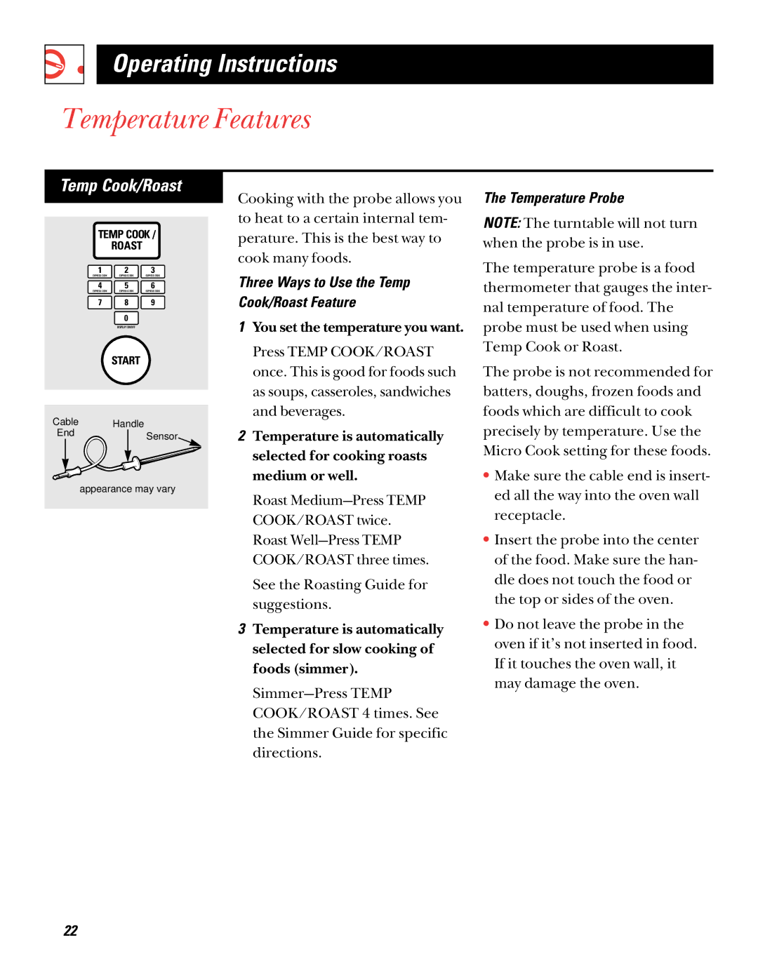 GE 49-8697, 164D2966P212 warranty Temperature Features, Temp Cook/Roast, Temperature Probe 