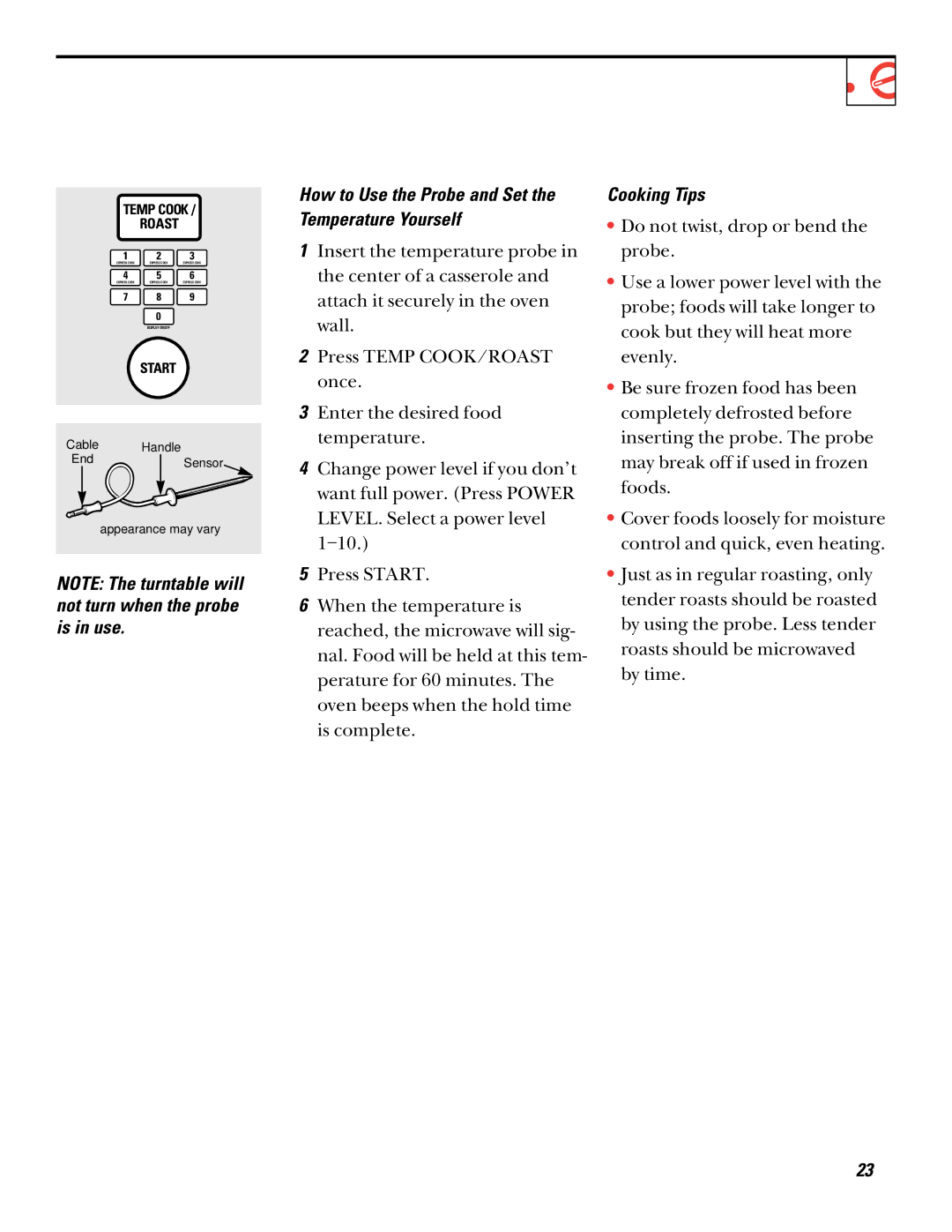 GE 164D2966P212, 49-8697 warranty How to Use the Probe and Set the Temperature Yourself, Cooking Tips 