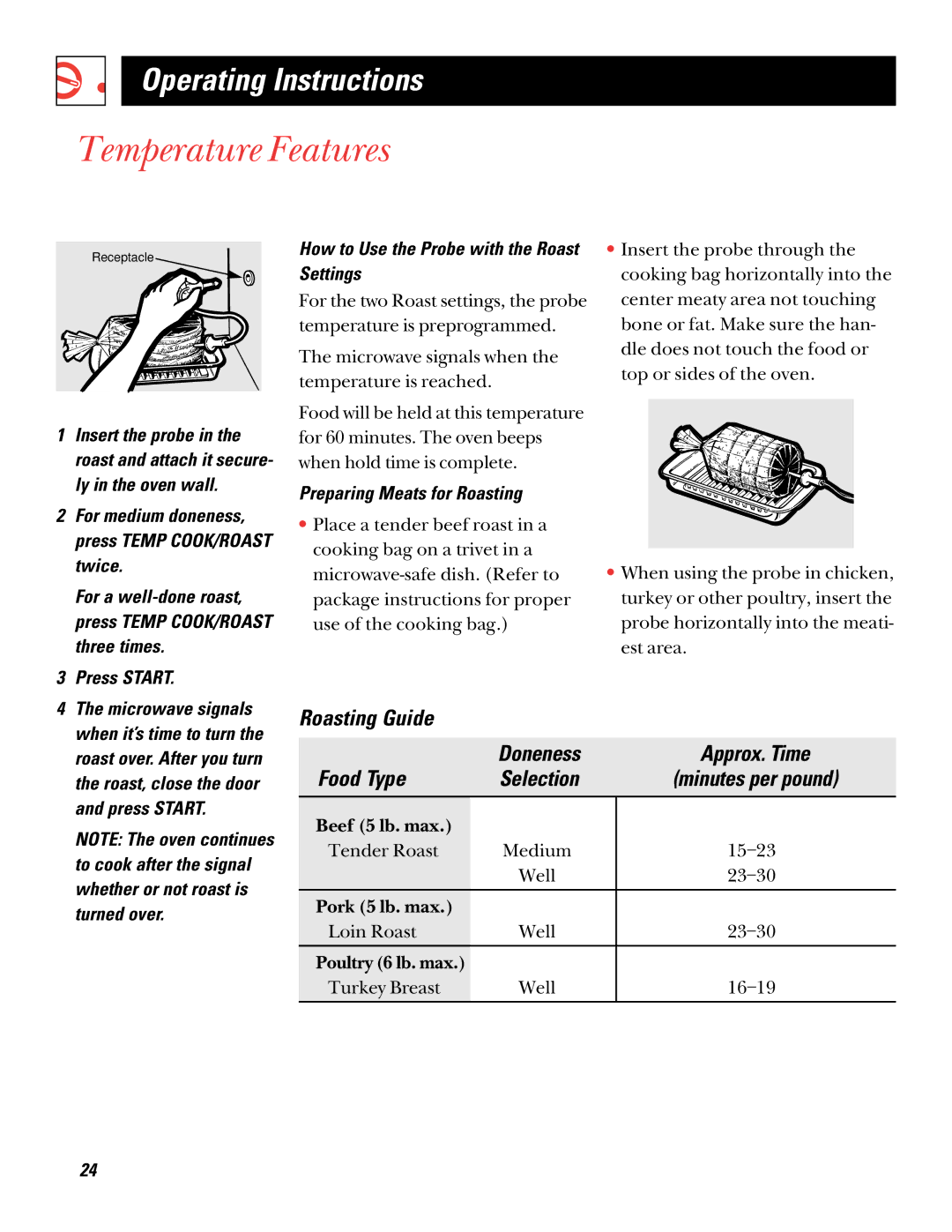 GE 49-8697 Insert the probe, Ly in the oven wall, Twice, For a well-done roast, Three times, Preparing Meats for Roasting 