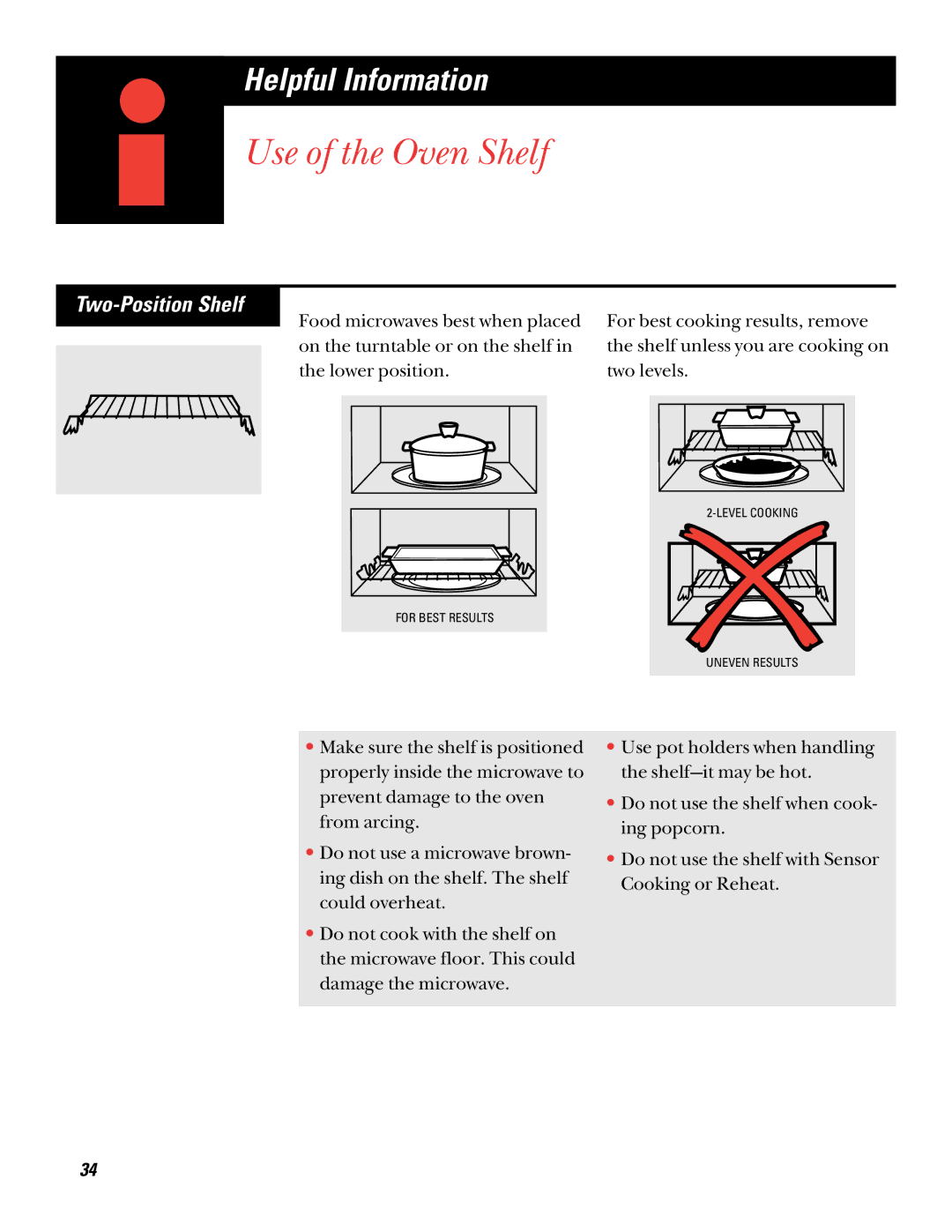 GE 49-8697, 164D2966P212 warranty Use of the Oven Shelf, Two-Position Shelf 