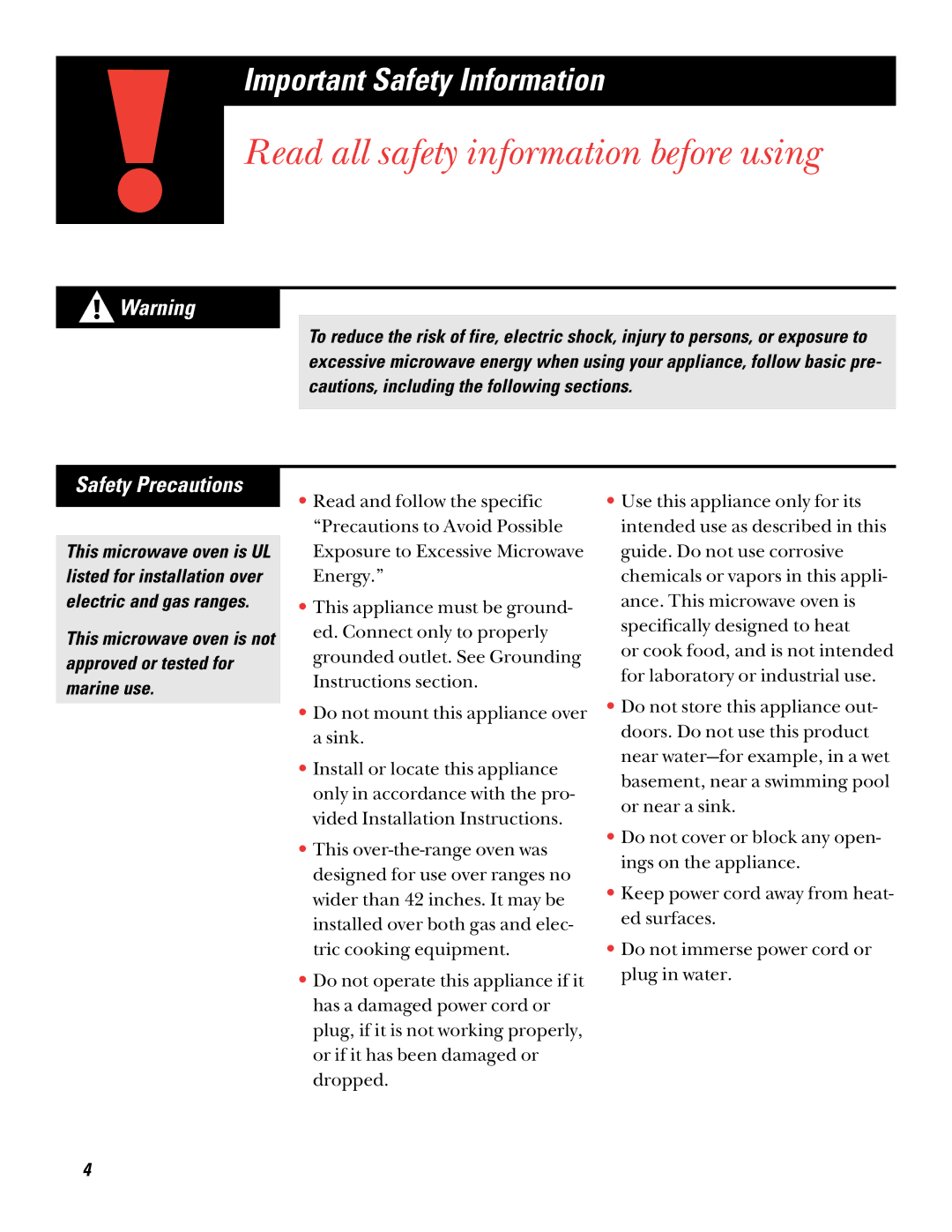 GE 49-8697, 164D2966P212 warranty Safety Precautions, This microwave oven is not approved or tested for marine use 