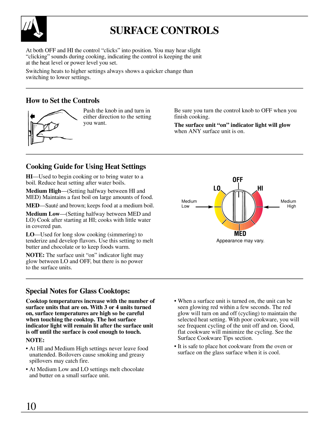 GE 49-8723, 4164D2966P234 warranty Surface Controls, How to Set the Controls, Cooking Guide for Using Heat Settings 