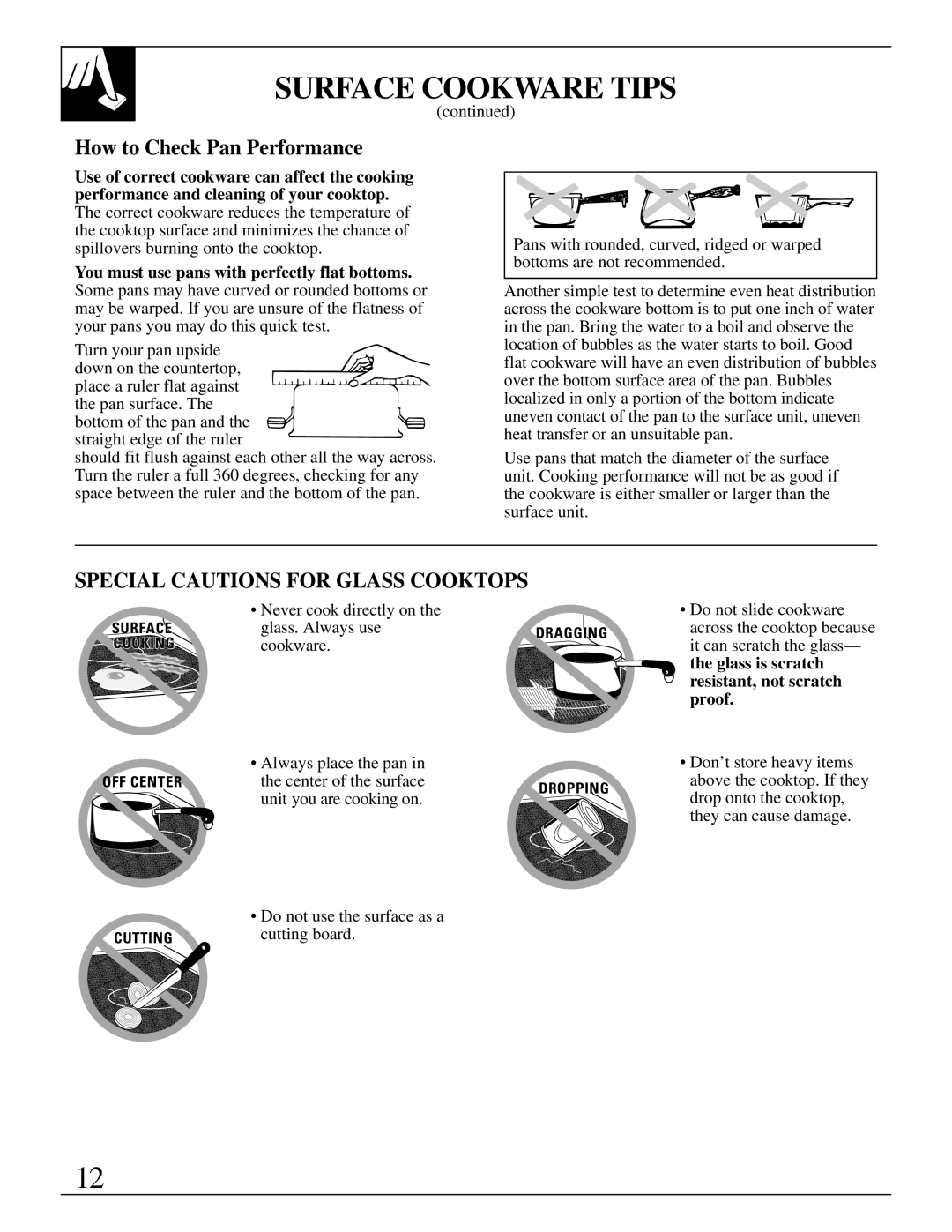 GE 49-8723, 4164D2966P234 warranty How to Check Pan Performance, Special Cautions for Glass Cooktops 