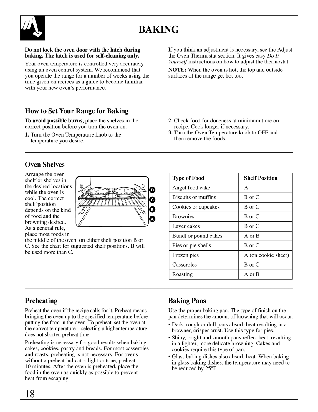 GE 49-8723, 4164D2966P234 How to Set Your Range for Baking, Preheating, Baking Pans, Type of Food Shelf Position 