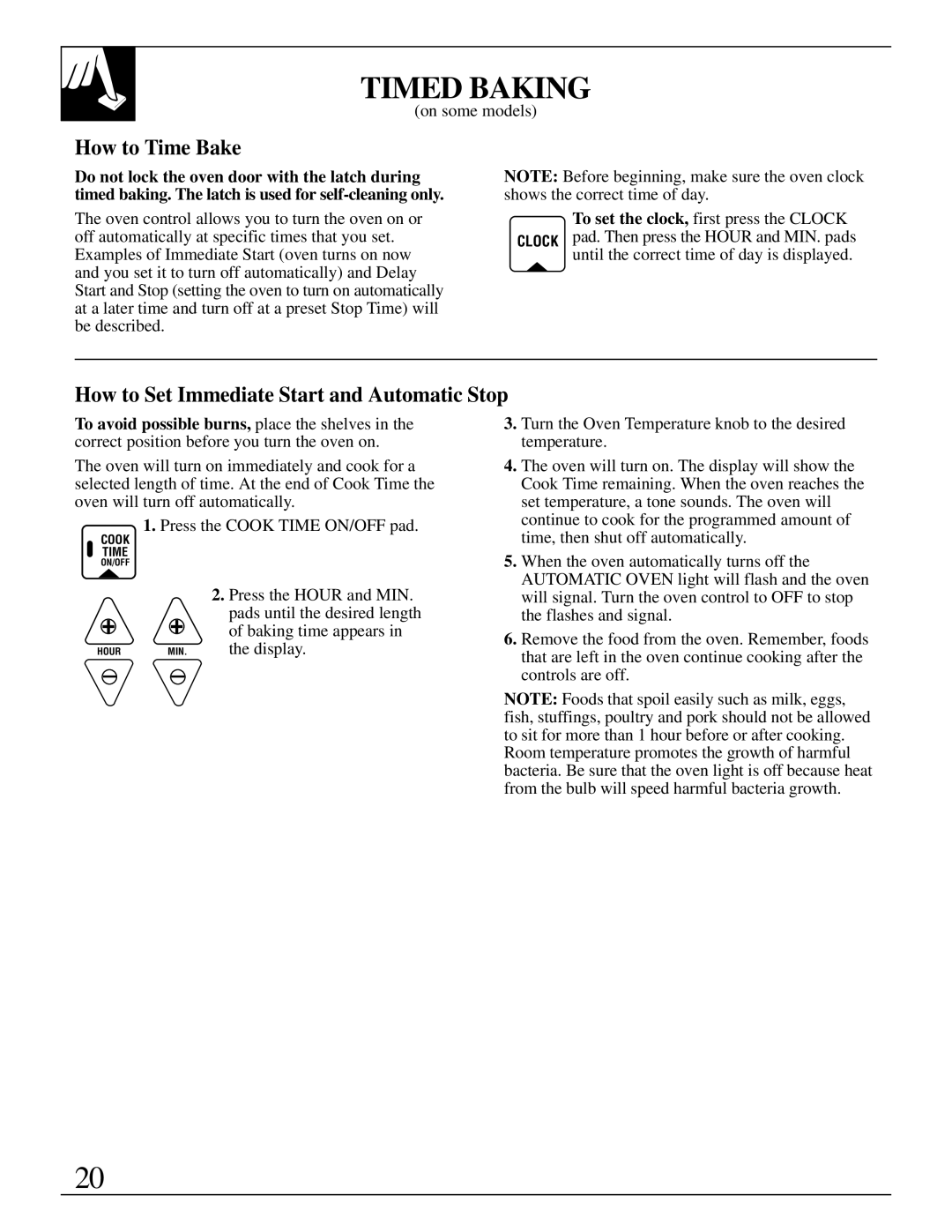 GE 49-8723, 4164D2966P234 warranty Timed Baking, How to Time Bake, How to Set Immediate Start and Automatic Stop 