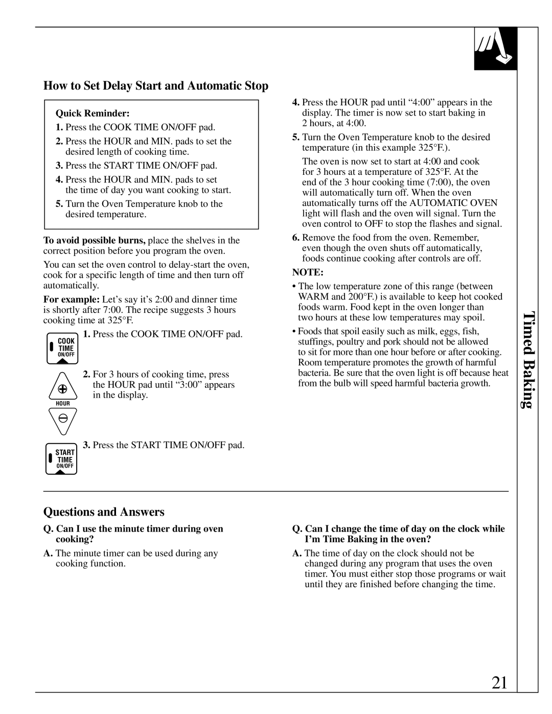 GE 4164D2966P234, 49-8723 warranty Timed Baking, How to Set Delay Start and Automatic Stop, Questions and Answers 