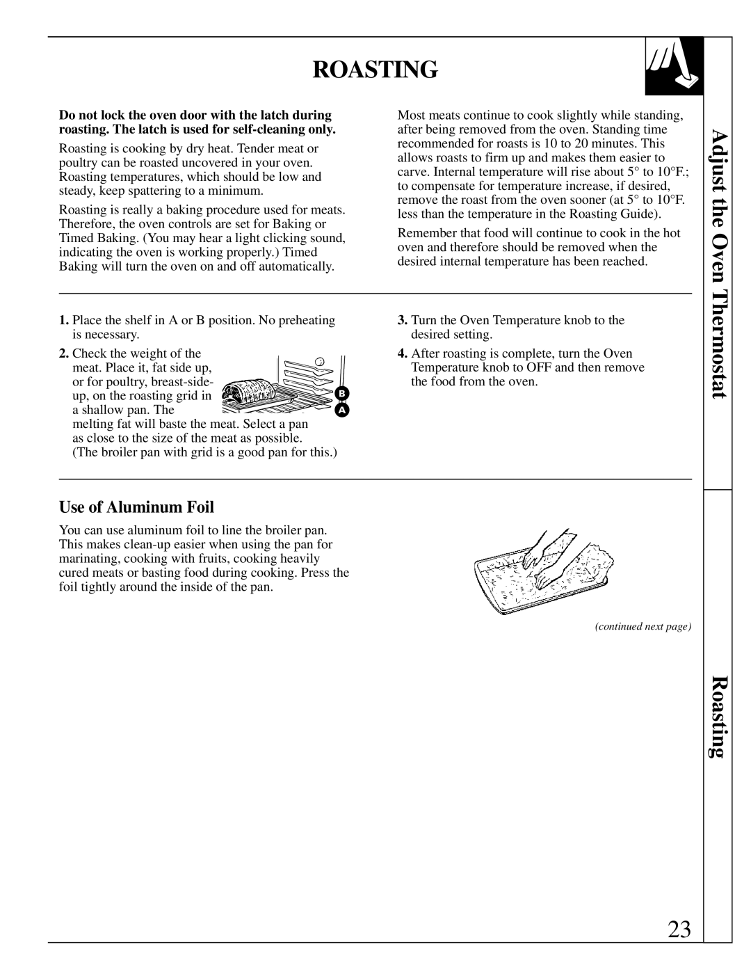 GE 4164D2966P234, 49-8723 warranty Roasting, Adjust the Oven, Thermostat, Use of Aluminum Foil 