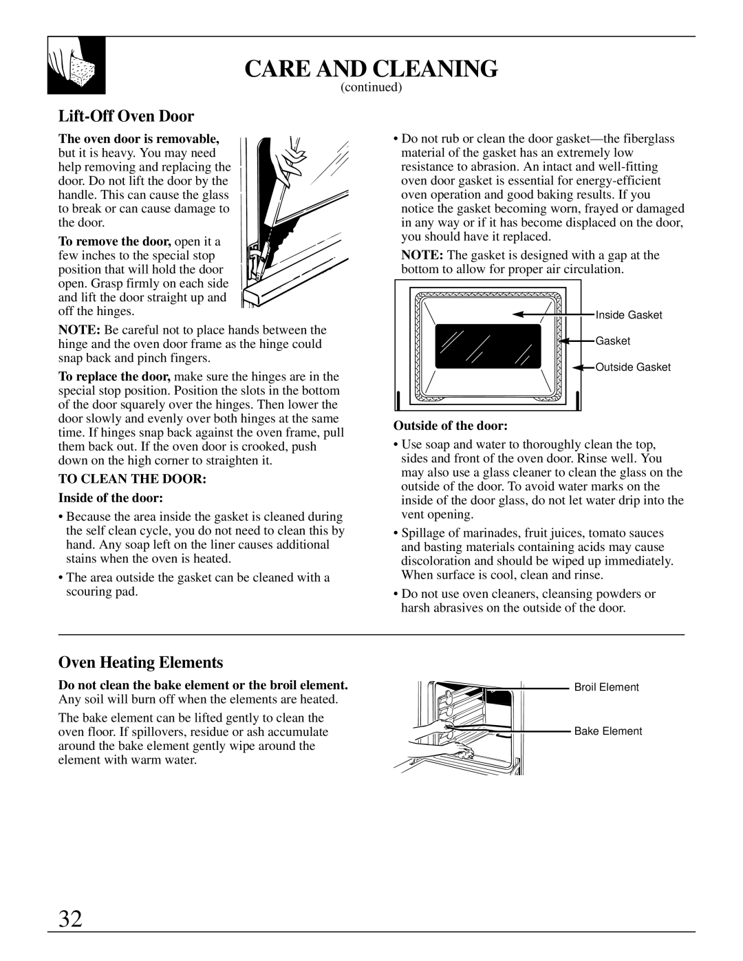 GE 49-8723, 4164D2966P234 warranty Lift-Off Oven Door, Oven Heating Elements, Inside of the door, Outside of the door 