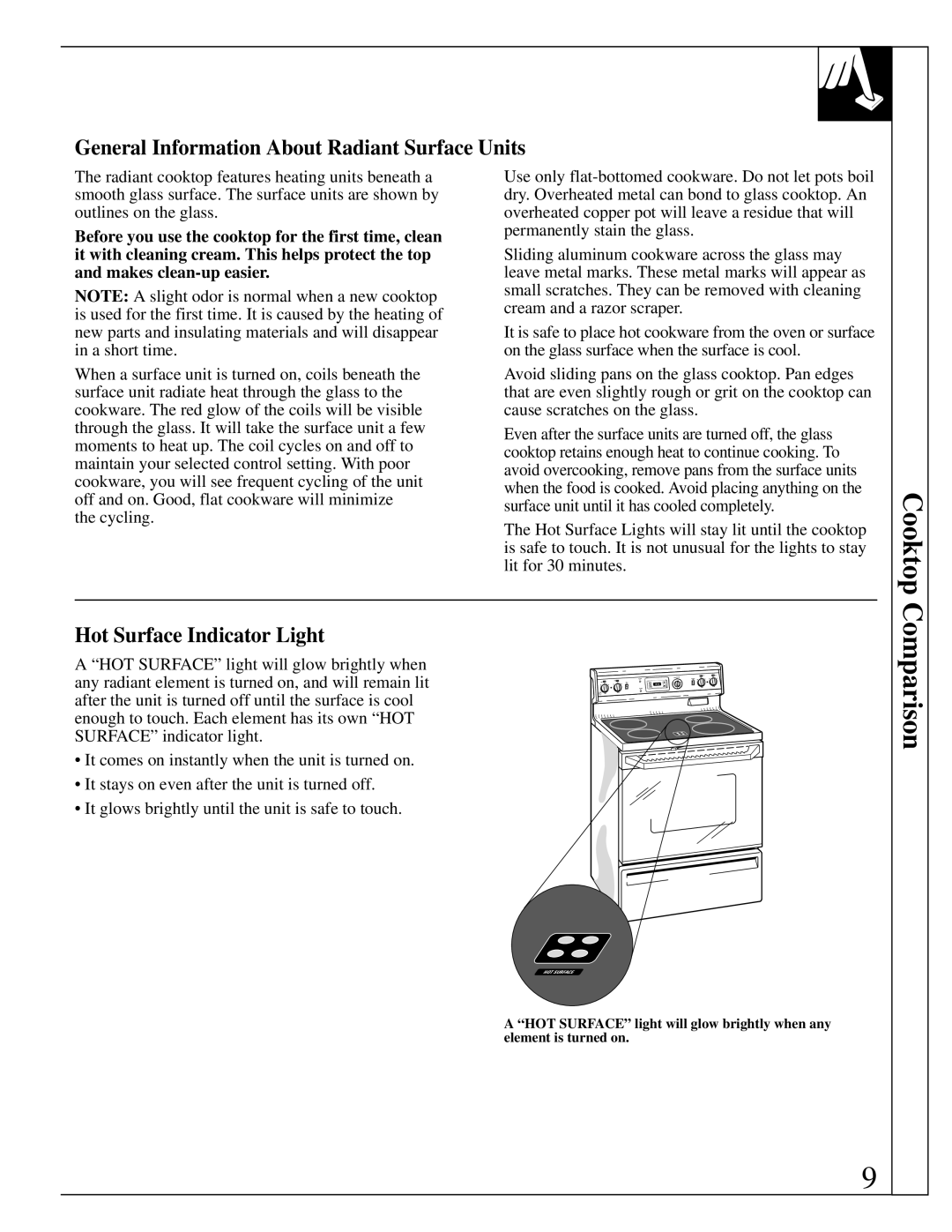 GE 4164D2966P234 warranty Cooktop, Comparison, General Information About Radiant Surface Units, Hot Surface Indicator Light 