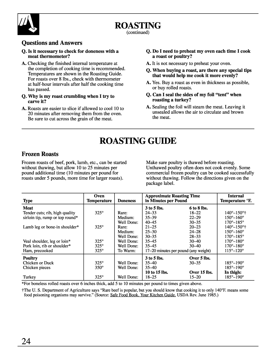 GE 49-8723, 4164D2966P234 warranty Roasting Guide, Frozen Roasts, Questions and Answers 
