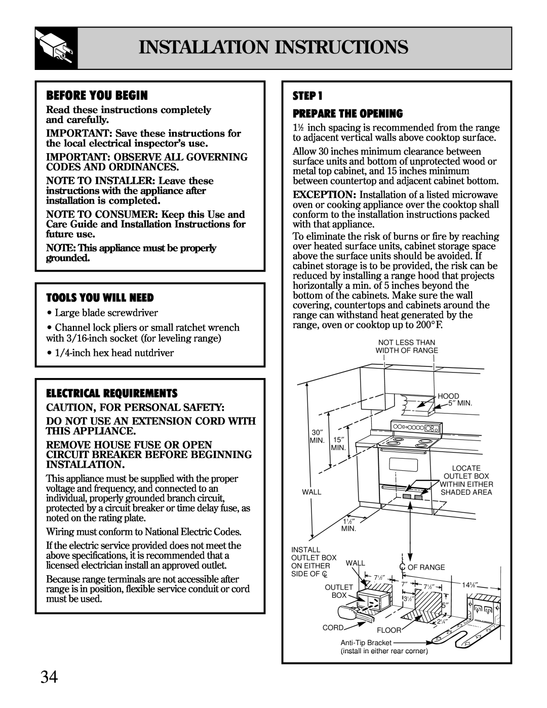 GE 49-8723 warranty Installation Instructions, Tools You Will Need, Electrical Requirements, Step Prepare The Opening 