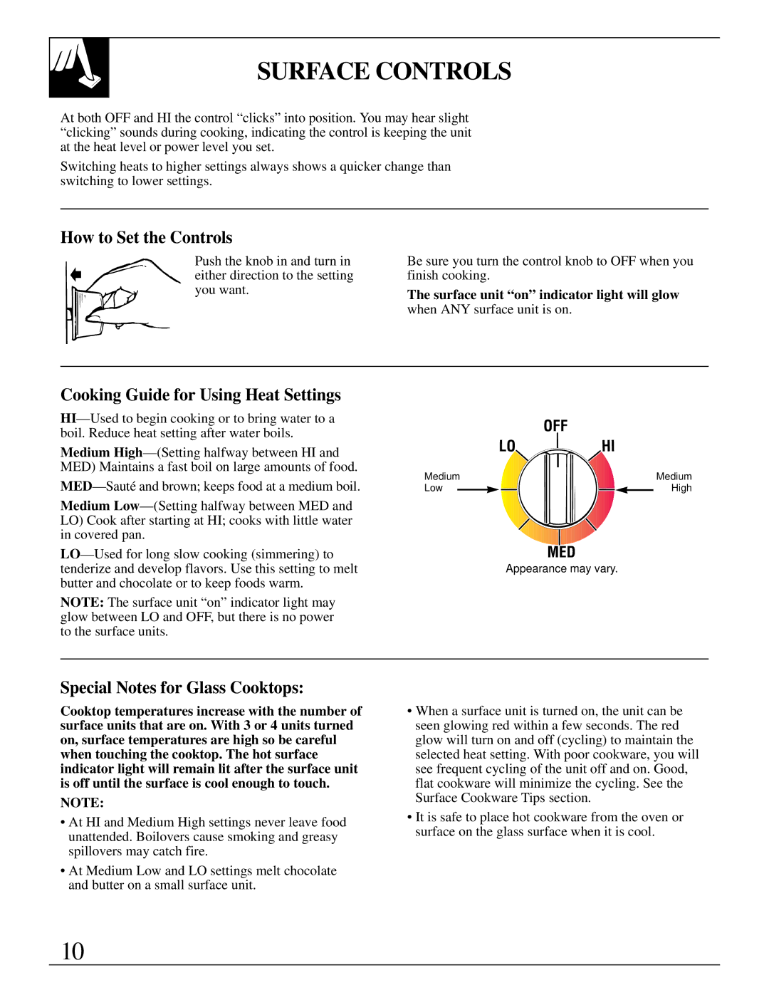 GE 49-8726, 164D2966P238 warranty Surface Controls, How to Set the Controls, Cooking Guide for Using Heat Settings 