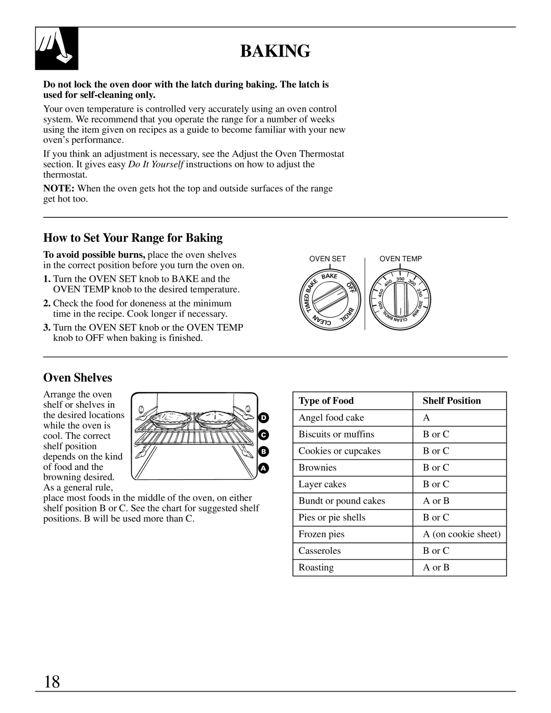 GE 49-8726, 164D2966P238 warranty How to Set Your Range for Baking, Type of Food Shelf Position 