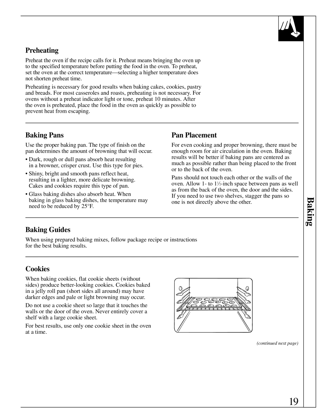 GE 164D2966P238, 49-8726 warranty Preheating, Baking Pans, Pan Placement, Baking Guides, Cookies 