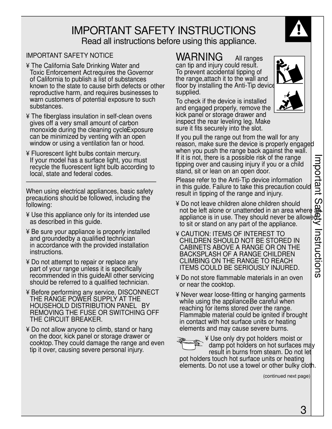 GE 164D2966P238, 49-8726 warranty Important Safety Instructions, Read all instructions before using this appliance 