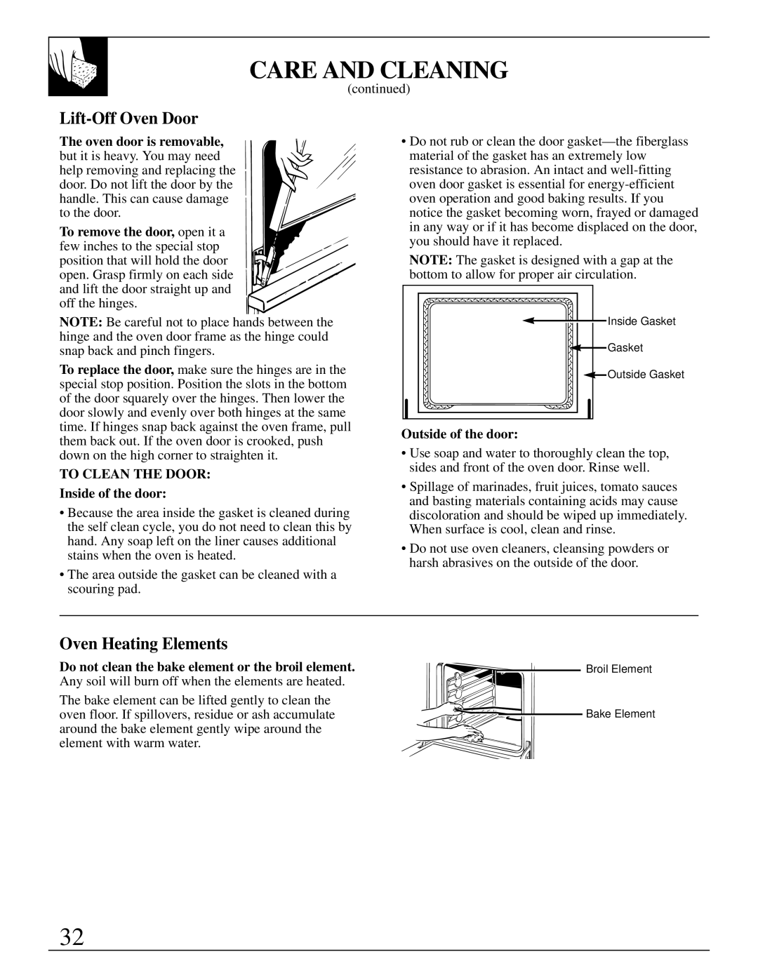 GE 49-8726, 164D2966P238 warranty Lift-Off Oven Door, Oven Heating Elements, Inside of the door, Outside of the door 