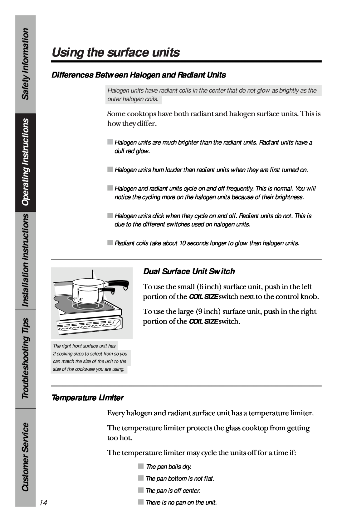 GE 49-8779 Instructions Operating Instructions Safety Information, Differences Between Halogen and Radiant Units, too hot 