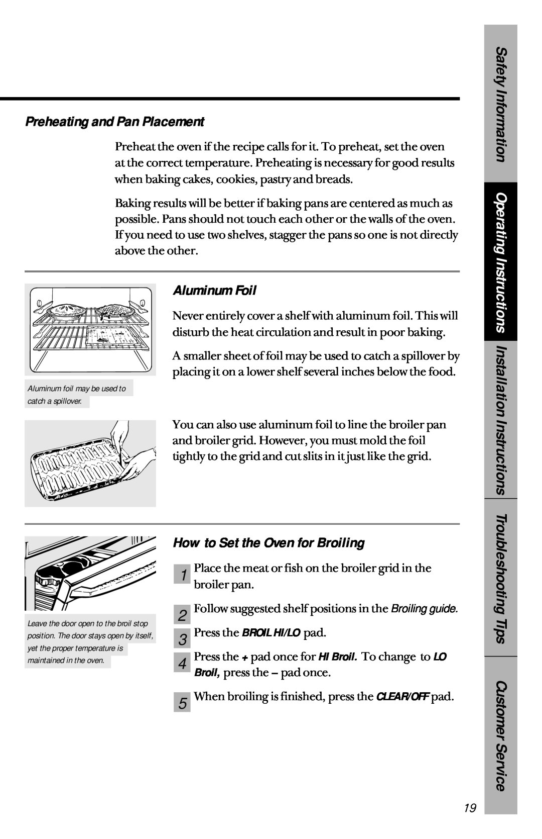 GE 164D3333P033, 49-8779 manual Preheating and Pan Placement, Aluminum Foil, How to Set the Oven for Broiling 