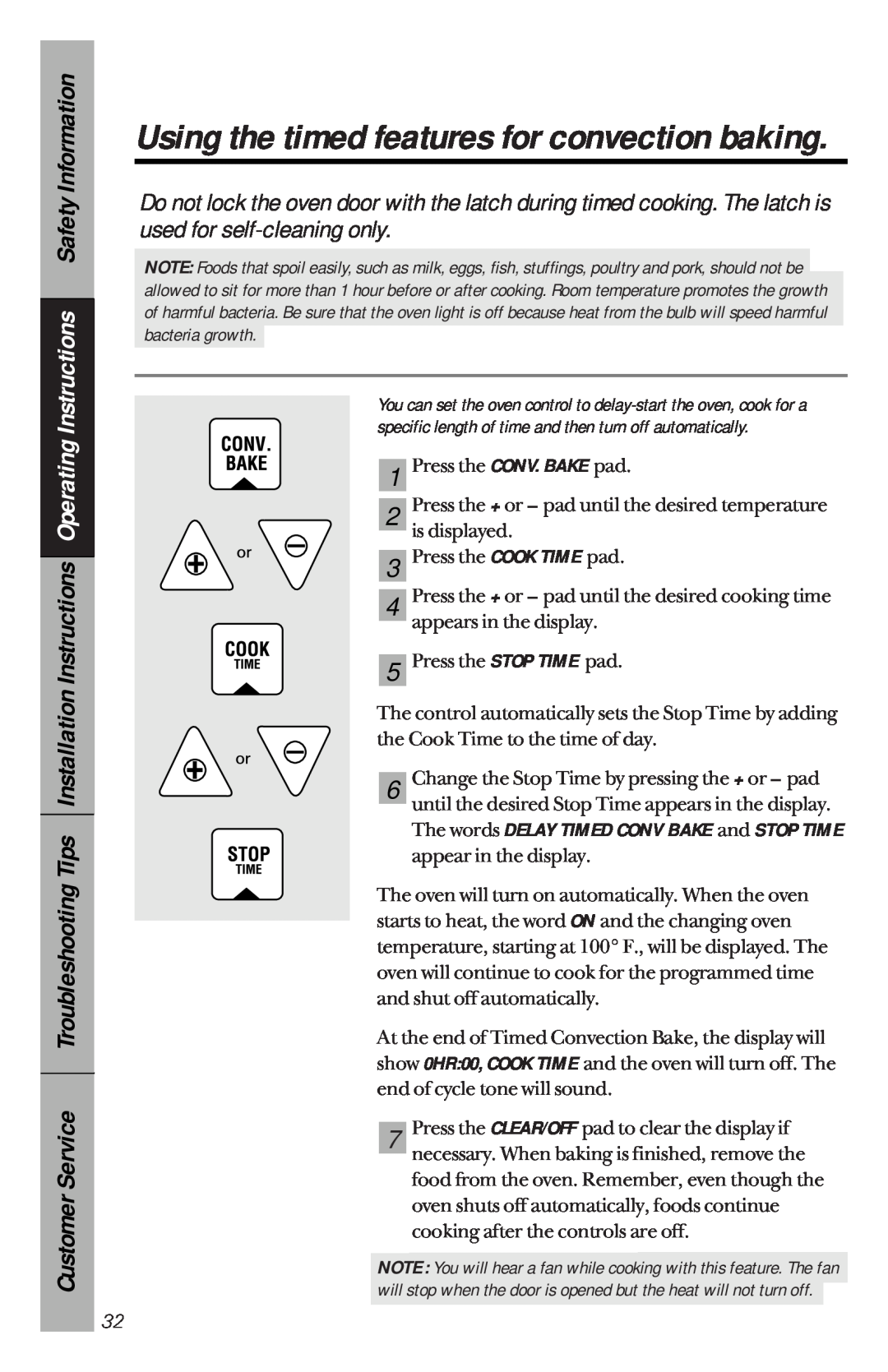 GE 49-8779, 164D3333P033 Using the timed features for convection baking, Press the CLEAR/OFF pad to clear the display if 