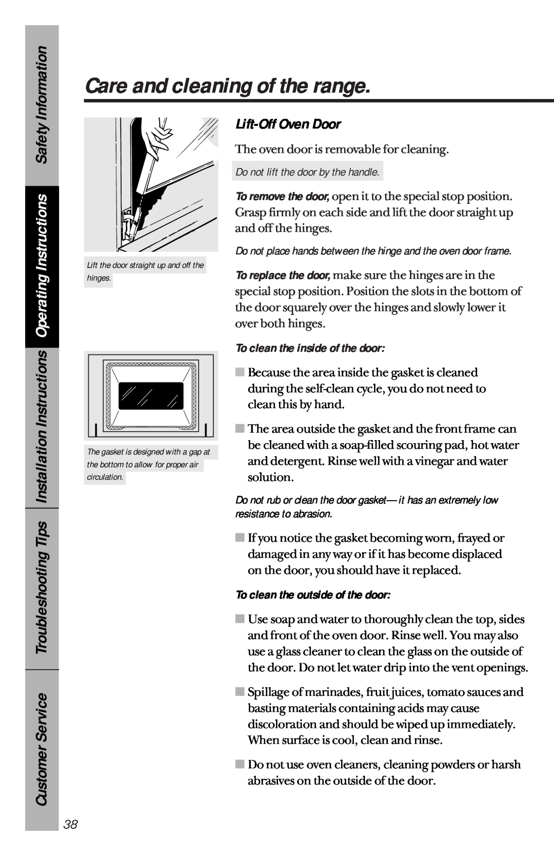 GE 49-8779 manual Lift-Off Oven Door, Care and cleaning of the range, Information, Do not lift the door by the handle 