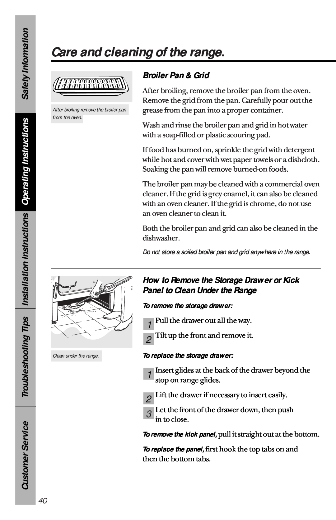 GE 49-8779, 164D3333P033 manual Broiler Pan & Grid, Panel to Clean Under the Range, Care and cleaning of the range 