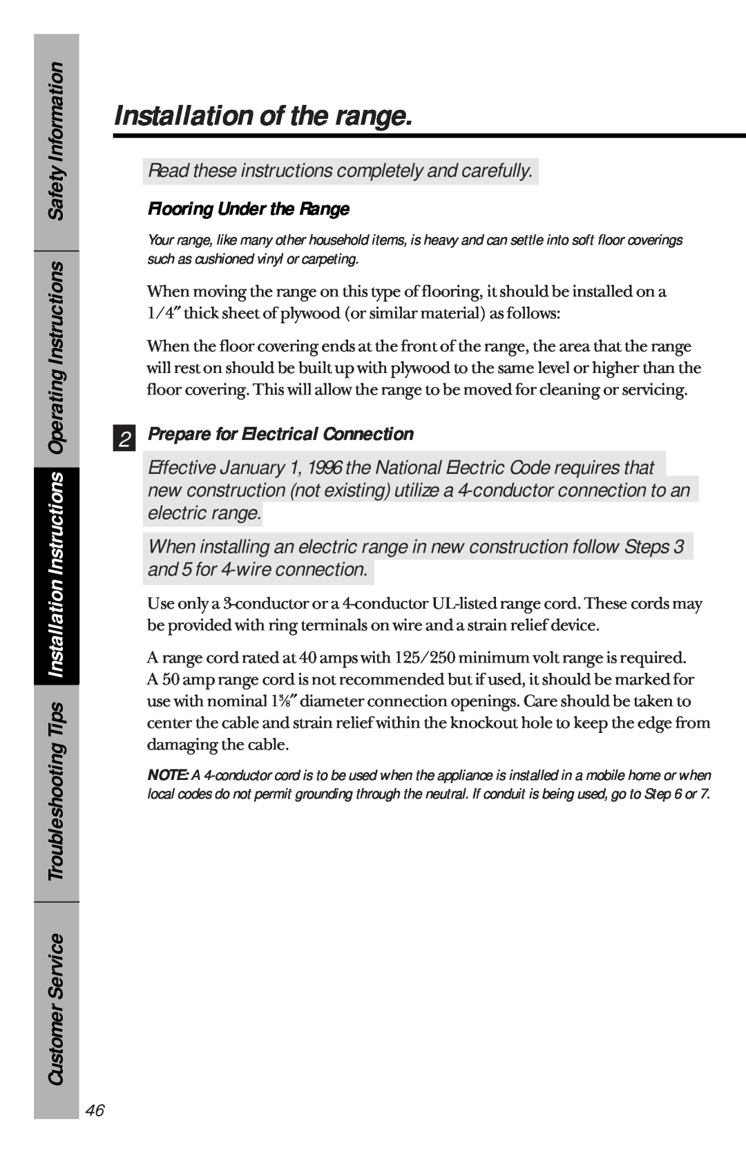 GE 49-8779, 164D3333P033 manual Flooring Under the Range, Prepare for Electrical Connection, Installation of the range 