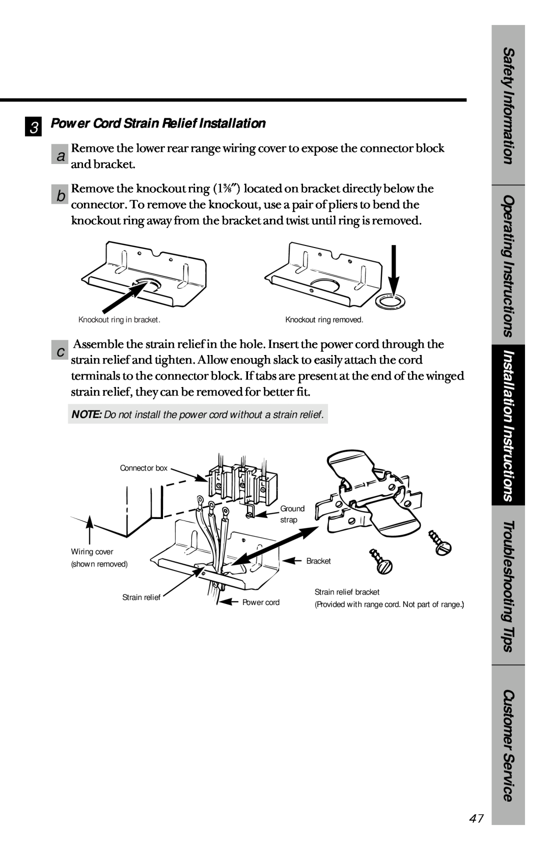 GE 164D3333P033, 49-8779 manual Power Cord Strain Relief Installation 