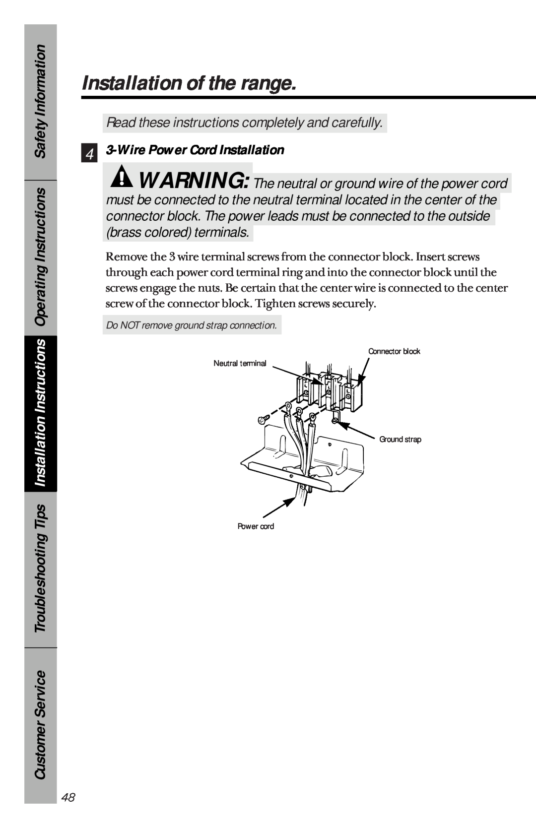 GE 49-8779 4 3-Wire Power Cord Installation, Installation of the range, Read these instructions completely and carefully 