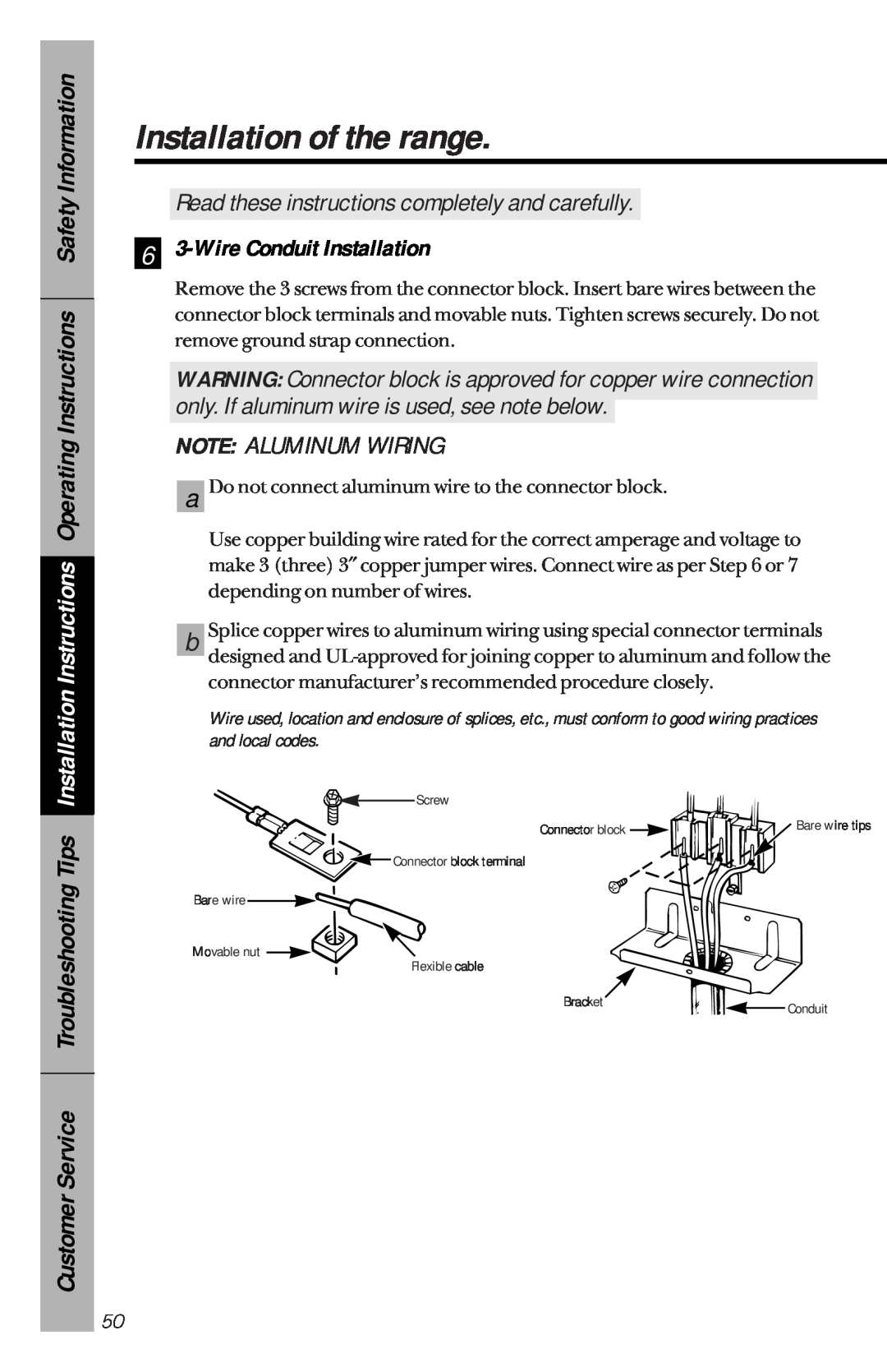 GE 49-8779, 164D3333P033 manual 6 3-Wire Conduit Installation, Note Aluminum Wiring, Installation of the range 