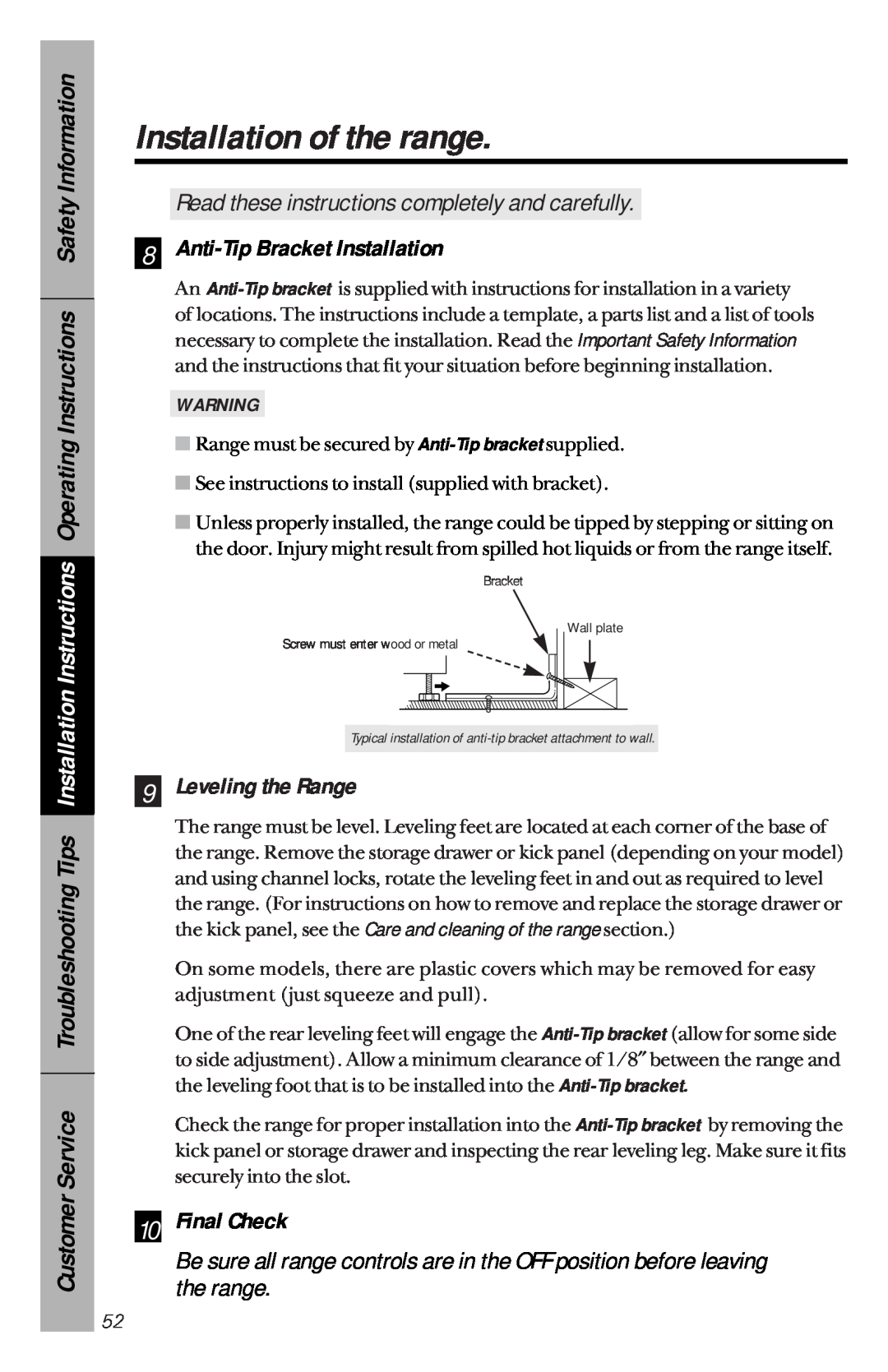 GE 49-8779, 164D3333P033 manual Anti-Tip Bracket Installation, Leveling the Range, Final Check, Installation of the range 