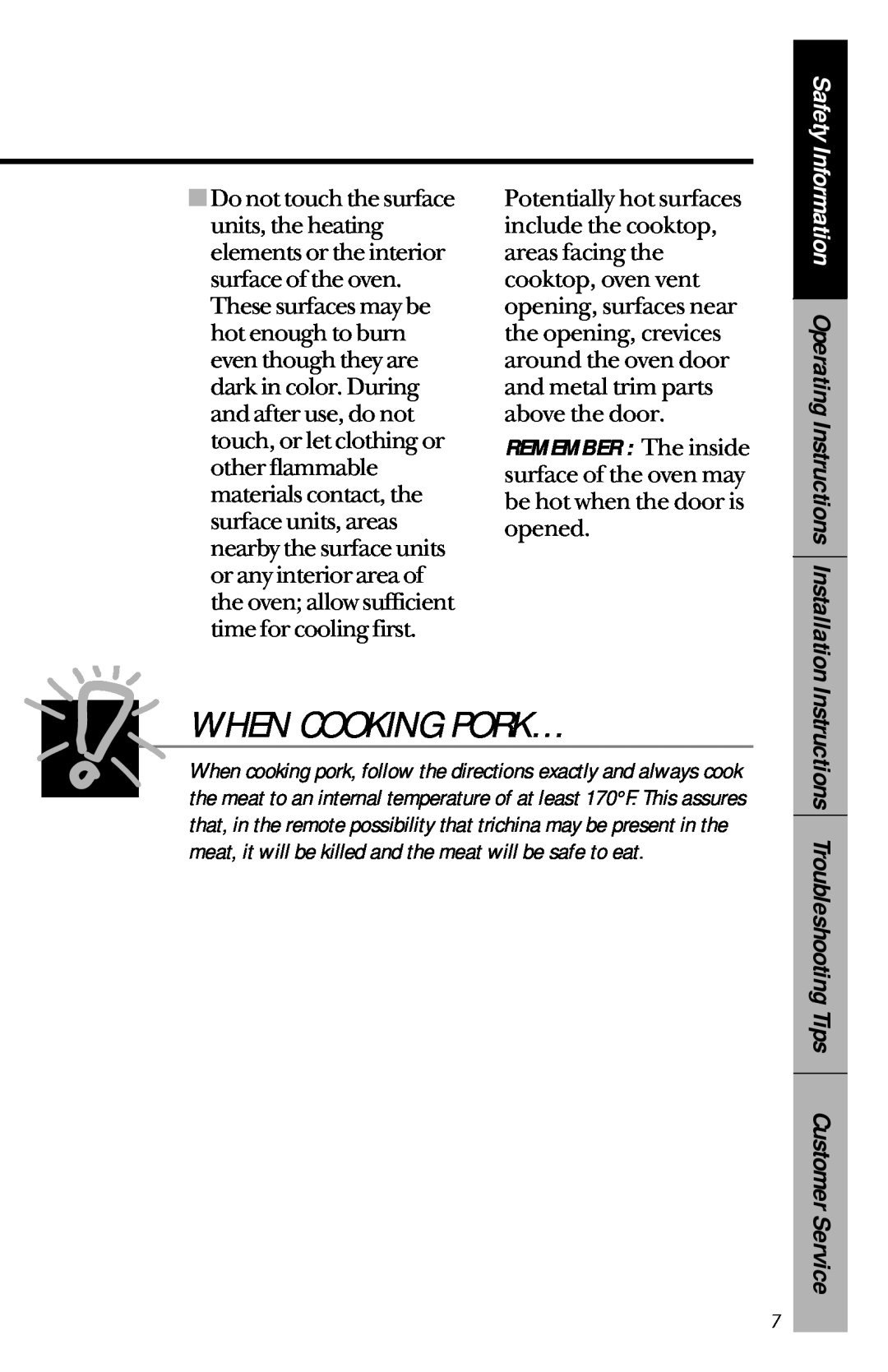GE 164D3333P033, 49-8779 manual When Cooking Pork…, Safety Information Operating Instructions Installation 