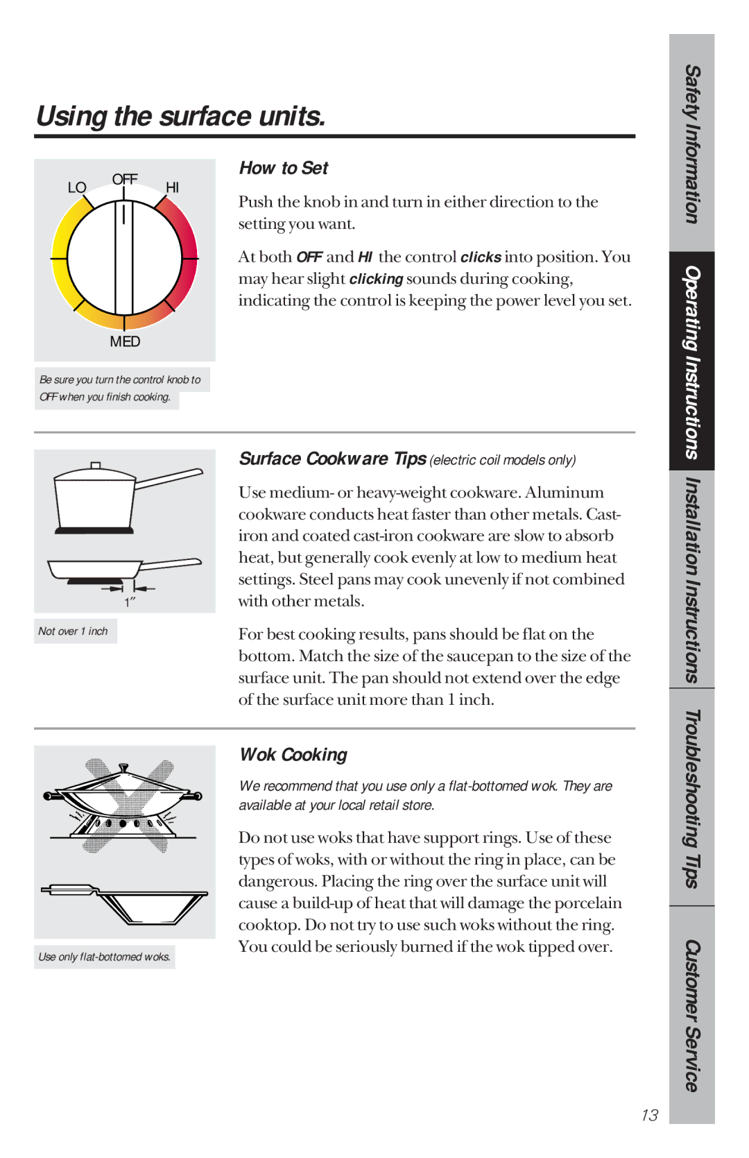 GE 164D3333P034, 49-8780 manual Using the surface units, How to Set, Wok Cooking 