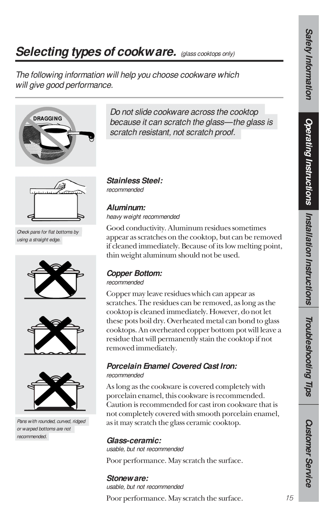 GE 164D3333P034, 49-8780 manual Selecting types of cookware. glass cooktops only 