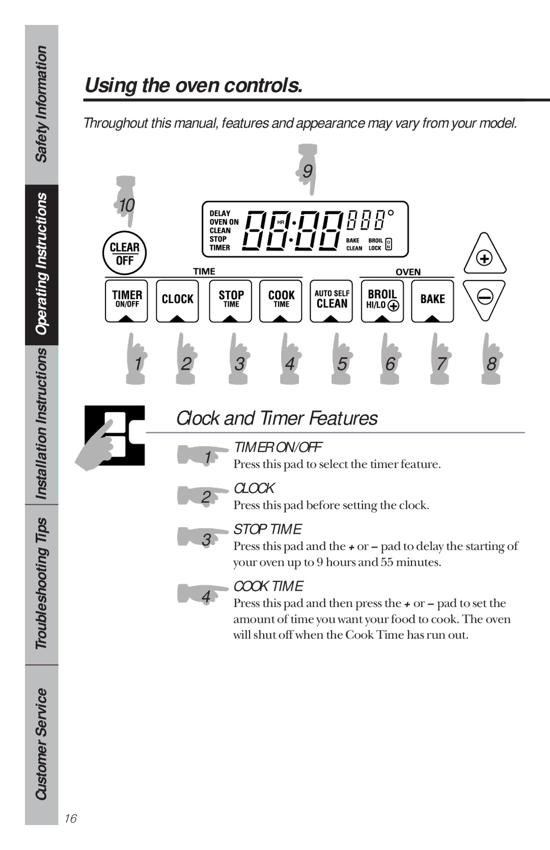 GE 49-8780, 164D3333P034 manual Using the oven controls, Clock and Timer Features 