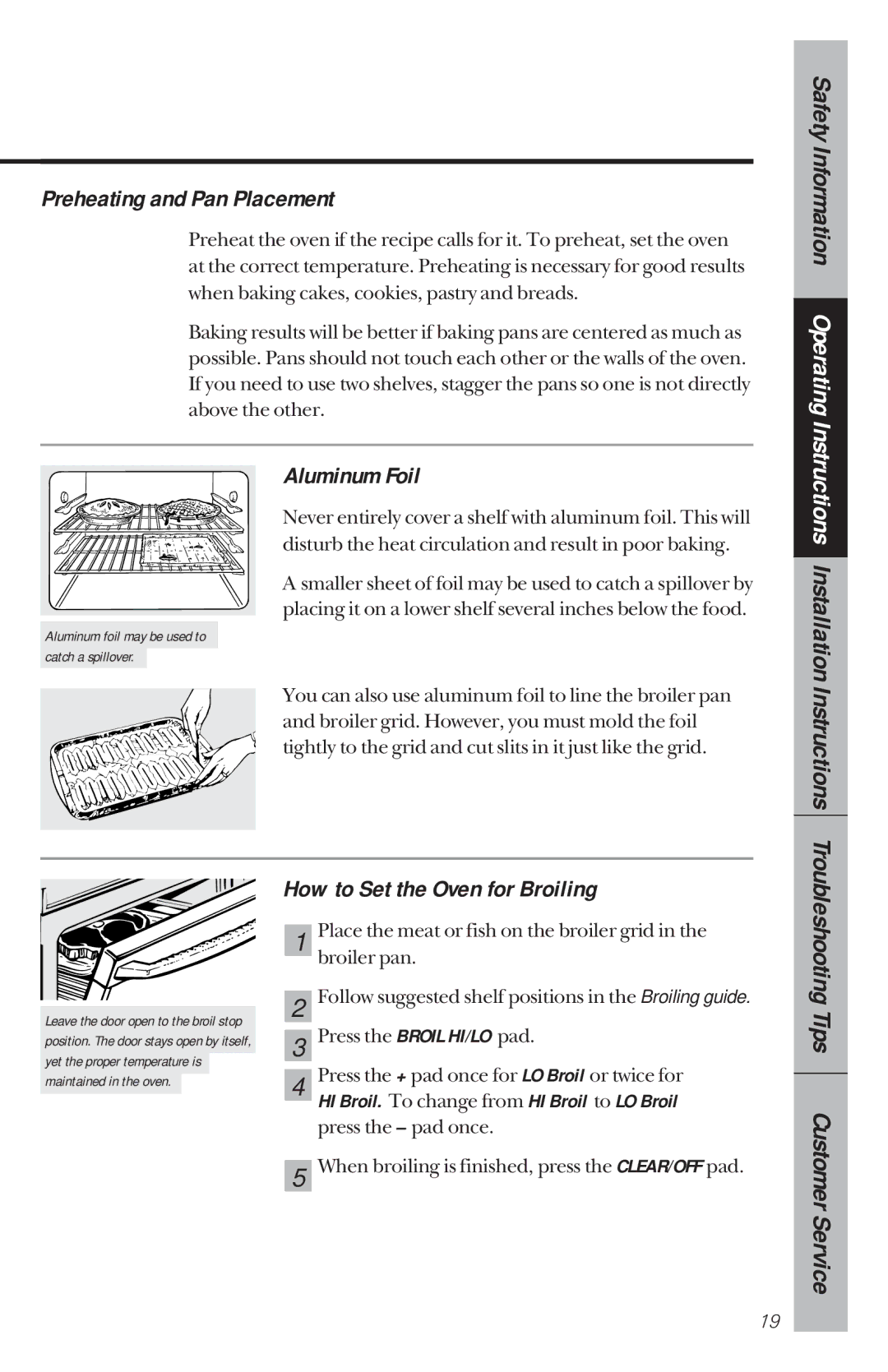 GE 164D3333P034, 49-8780 manual Preheating and Pan Placement, Aluminum Foil, How to Set the Oven for Broiling 