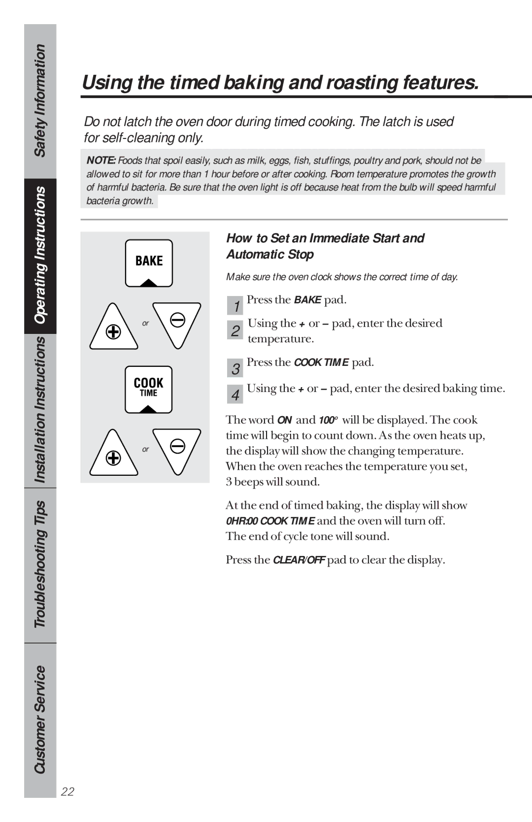 GE 49-8780, 164D3333P034 manual Using the timed baking and roasting features, How to Set an Immediate Start Automatic Stop 