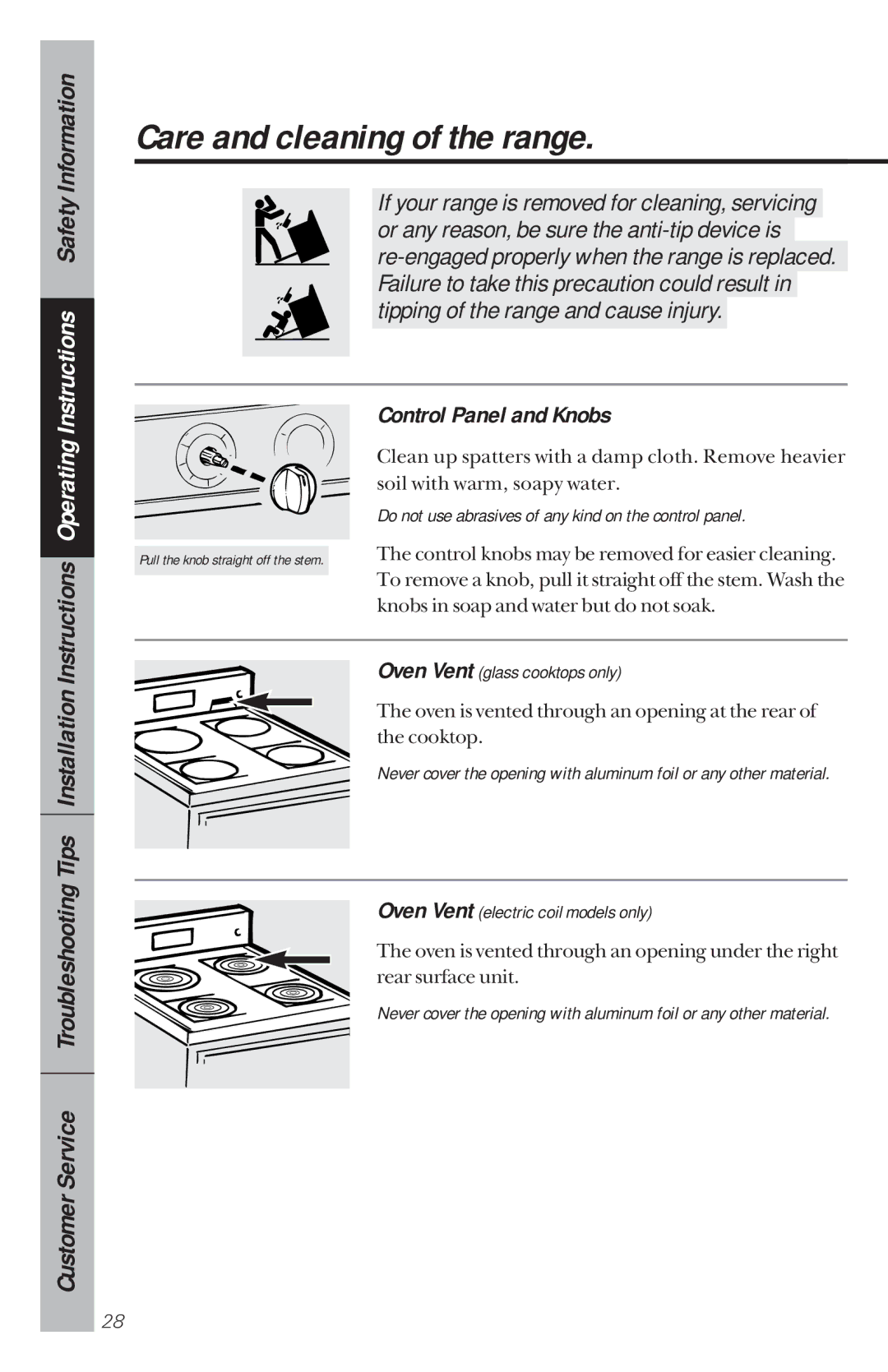GE 49-8780, 164D3333P034 manual Care and cleaning of the range, Control Panel and Knobs 