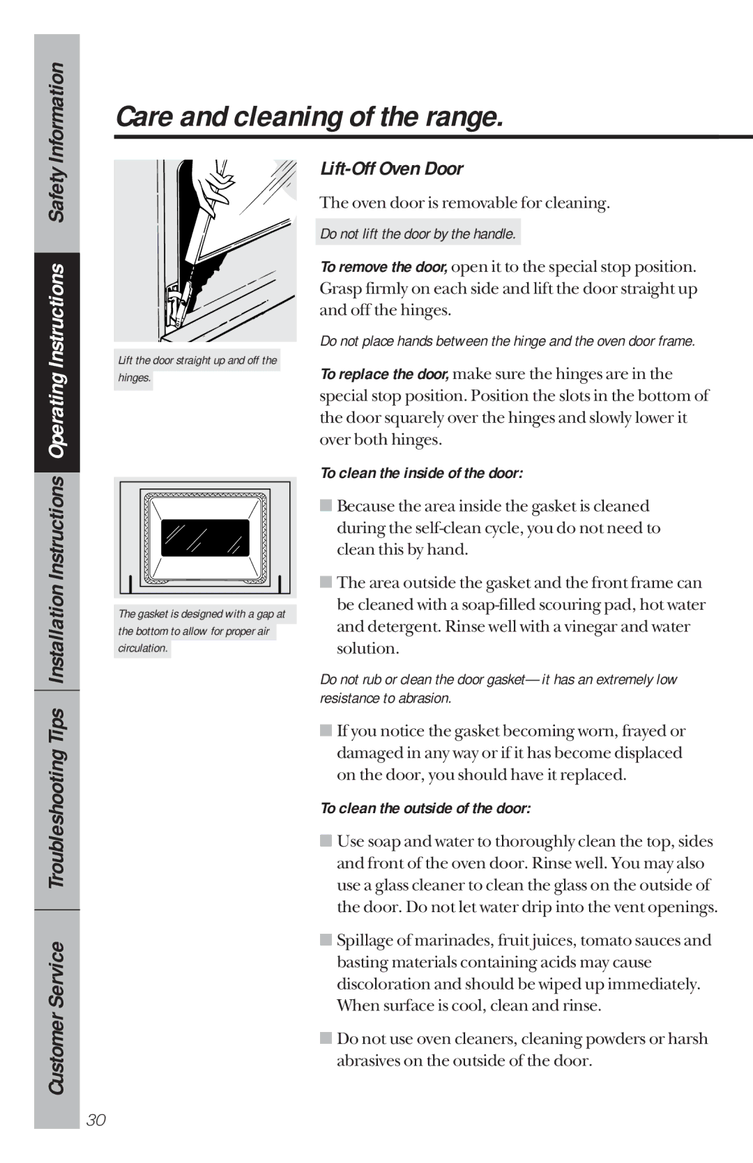 GE 49-8780, 164D3333P034 manual Lift-Off Oven Door, Do not lift the door by the handle, To clean the inside of the door 