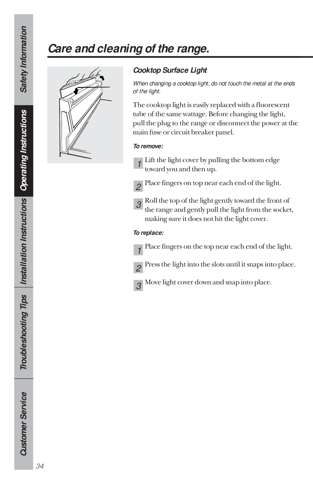 GE 49-8780, 164D3333P034 manual Cooktop Surface Light, To remove, To replace 