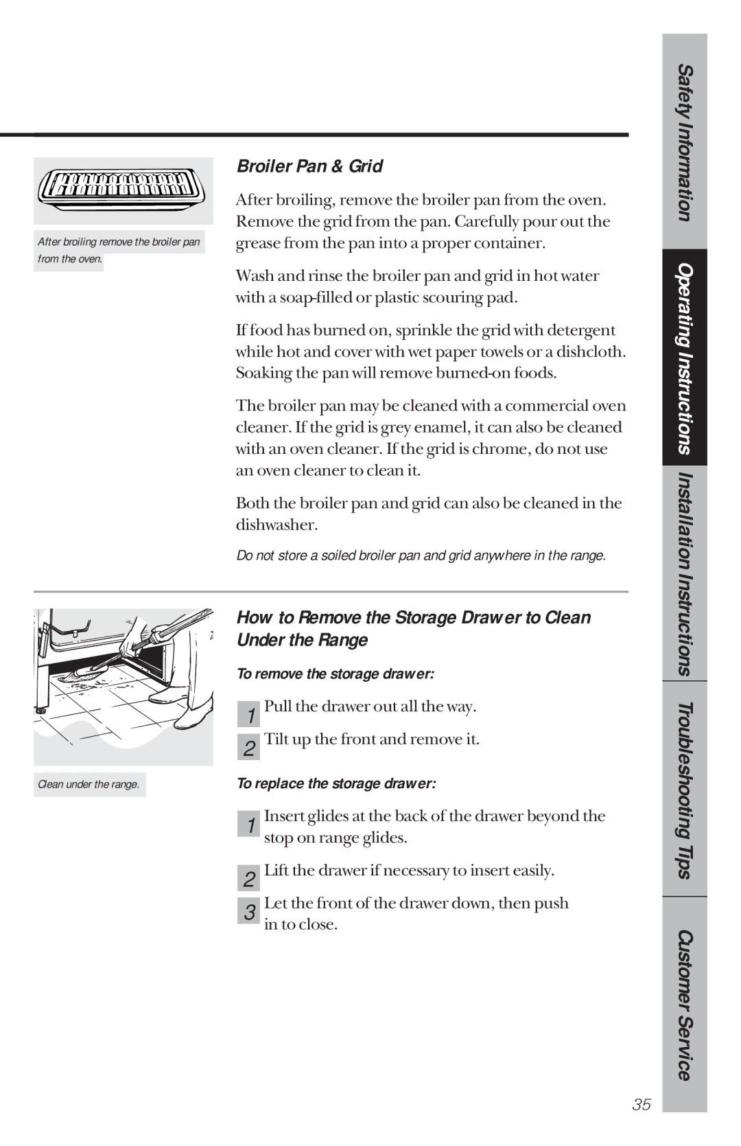 GE 164D3333P034, 49-8780 manual Broiler Pan & Grid, How to Remove the Storage Drawer to Clean Under the Range 